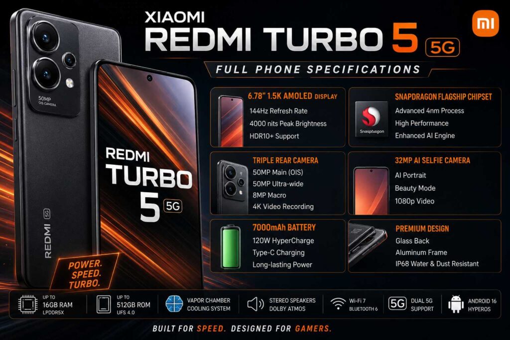 Discover the Xiaomi Redmi Turbo 5 full phone specifications, in-depth review, performance analysis, camera details, battery life, pricing, and comp