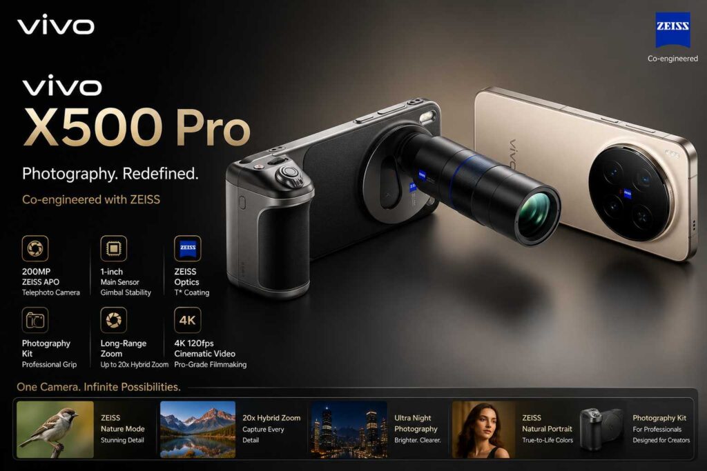 Discover the Vivo X500 Pro, the ultimate camera flagship smartphone of 2026 featuring advanced photography, powerful performance, premium design, and next-level AI features.