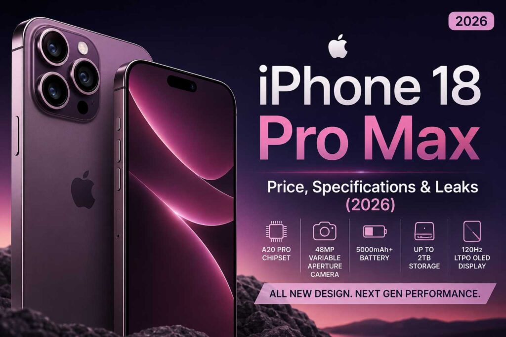 Discover the latest Apple iPhone 18 Pro Max price, specifications, features, camera upgrades, battery life, and 2026 leaks. Explore expected launch date, design, and performance details.