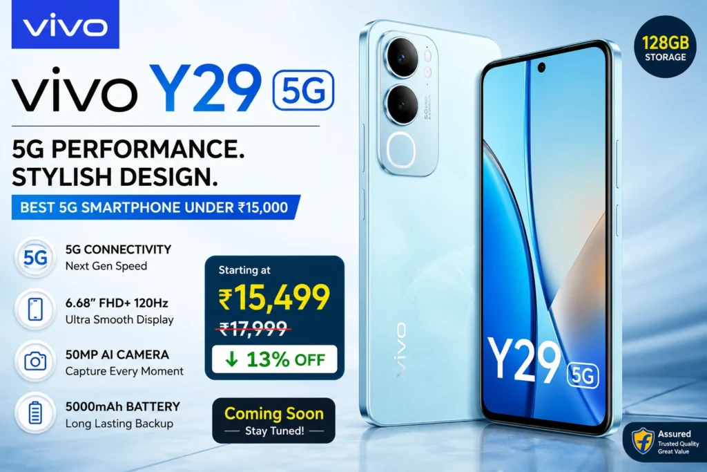 Discover Vivo Y29 5G price in India, full specifications, features, camera details, battery life, and detailed review. Check if this budget 5G smartphone is worth buying in 2026.